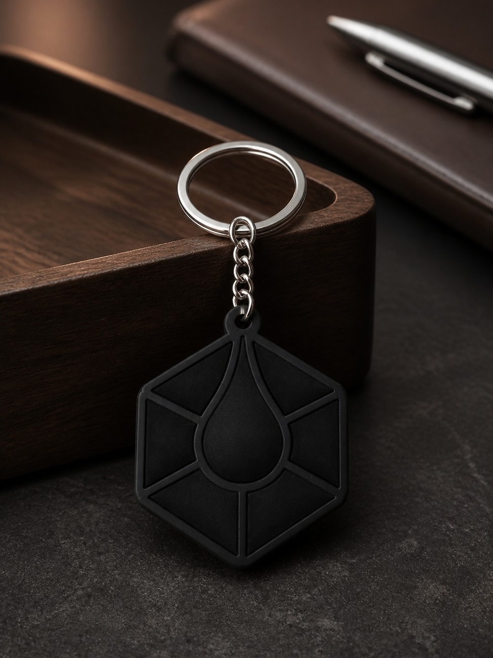 Black Hexagon Drop Silicone Keychain